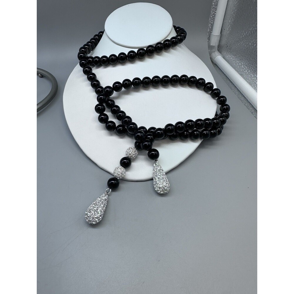 Black & Pave Rhinestone Lariat Necklace Fold Over Glamour